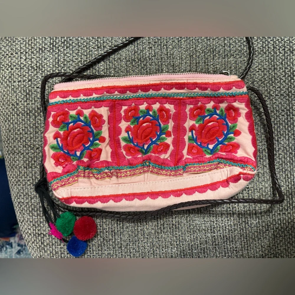 Vintage Boho Floral Embroidered Crossbody w/ Pom Poms - Pink/floral - Picture 1 of 5